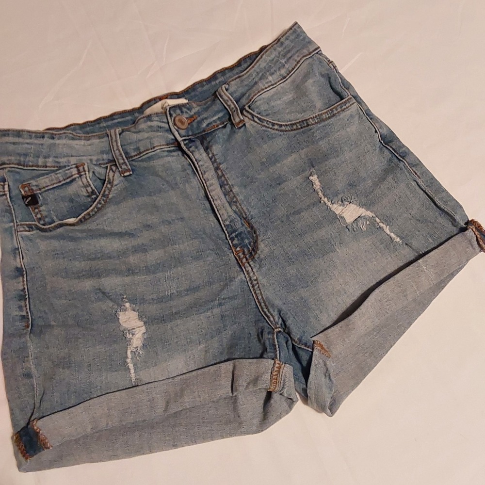 Kancan Shorts Womens 13-30 Blue Denim Jean Comfort Distressed Fringe Grunge